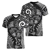 New Zealand Sea Animals Women V-Neck T-Shirt with Maori Koru Tribal Tattoo and Silver Ferns Black Color