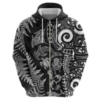 New Zealand Sea Animals Zip Hoodie with Maori Koru Tribal Tattoo and Silver Ferns Black Color