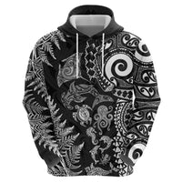 New Zealand Sea Animals Zip Hoodie with Maori Koru Tribal Tattoo and Silver Ferns Black Color