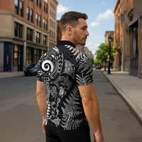 New Zealand Sea Animals Zipper Polo Shirt with Maori Koru Tribal Tattoo and Silver Ferns Black Color