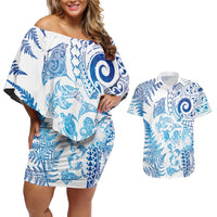 New Zealand Sea Animals Couples Matching Off Shoulder Short Dress and Hawaiian Shirt with Maori Koru Tribal Tattoo and Silver Ferns Galaxy Style