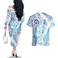 New Zealand Sea Animals Couples Matching Off The Shoulder Long Sleeve Dress and Hawaiian Shirt with Maori Koru Tribal Tattoo and Silver Ferns Galaxy Style