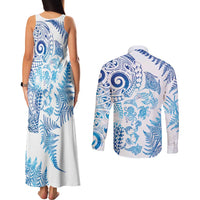 New Zealand Sea Animals Couples Matching Tank Maxi Dress and Long Sleeve Button Shirt with Maori Koru Tribal Tattoo and Silver Ferns Galaxy Style