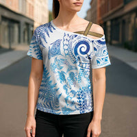New Zealand Sea Animals Cross Shoulder Shirt with Maori Koru Tribal Tattoo and Silver Ferns Galaxy Style