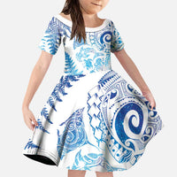 New Zealand Sea Animals Family Matching Off Shoulder Maxi Dress and Hawaiian Shirt with Maori Koru Tribal Tattoo and Silver Ferns Galaxy Style