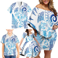 New Zealand Sea Animals Family Matching Off Shoulder Short Dress and Hawaiian Shirt with Maori Koru Tribal Tattoo and Silver Ferns Galaxy Style