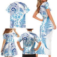 New Zealand Sea Animals Family Matching Short Sleeve Bodycon Dress and Hawaiian Shirt with Maori Koru Tribal Tattoo and Silver Ferns Galaxy Style