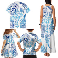 New Zealand Sea Animals Family Matching Tank Maxi Dress and Hawaiian Shirt with Maori Koru Tribal Tattoo and Silver Ferns Galaxy Style