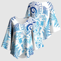 New Zealand Sea Animals Kimono Sleeve Blouse with Maori Koru Tribal Tattoo and Silver Ferns Galaxy Style