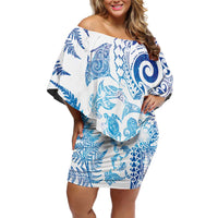 New Zealand Sea Animals Off Shoulder Short Dress with Maori Koru Tribal Tattoo and Silver Ferns Galaxy Style