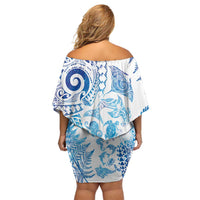 New Zealand Sea Animals Off Shoulder Short Dress with Maori Koru Tribal Tattoo and Silver Ferns Galaxy Style