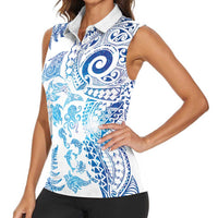 New Zealand Sea Animals Women Sleeveless Polo Shirt with Maori Koru Tribal Tattoo and Silver Ferns Galaxy Style