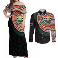 Penama Tribal Tattoo with Namele Leaves Couples Matching Off Shoulder Maxi Dress and Long Sleeve Button Shirt