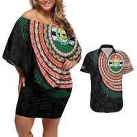 Penama Tribal Tattoo with Namele Leaves Couples Matching Off Shoulder Short Dress and Hawaiian Shirt