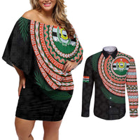 Penama Tribal Tattoo with Namele Leaves Couples Matching Off Shoulder Short Dress and Long Sleeve Button Shirt