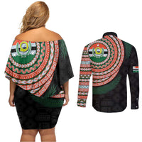 Penama Tribal Tattoo with Namele Leaves Couples Matching Off Shoulder Short Dress and Long Sleeve Button Shirt