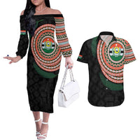 Penama Tribal Tattoo with Namele Leaves Couples Matching Off The Shoulder Long Sleeve Dress and Hawaiian Shirt