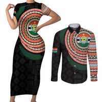 Penama Tribal Tattoo with Namele Leaves Couples Matching Short Sleeve Bodycon Dress and Long Sleeve Button Shirt
