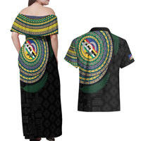 Torba Tribal Tattoo with Namele Leaves Couples Matching Off Shoulder Maxi Dress and Hawaiian Shirt