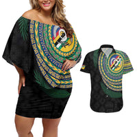 Torba Tribal Tattoo with Namele Leaves Couples Matching Off Shoulder Short Dress and Hawaiian Shirt