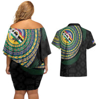Torba Tribal Tattoo with Namele Leaves Couples Matching Off Shoulder Short Dress and Hawaiian Shirt
