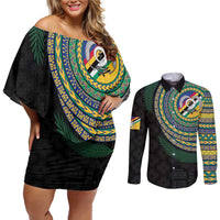 Torba Tribal Tattoo with Namele Leaves Couples Matching Off Shoulder Short Dress and Long Sleeve Button Shirt