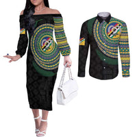 Torba Tribal Tattoo with Namele Leaves Couples Matching Off The Shoulder Long Sleeve Dress and Long Sleeve Button Shirt
