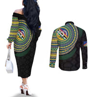 Torba Tribal Tattoo with Namele Leaves Couples Matching Off The Shoulder Long Sleeve Dress and Long Sleeve Button Shirt