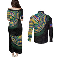 Torba Tribal Tattoo with Namele Leaves Couples Matching Puletasi and Long Sleeve Button Shirt