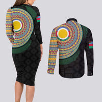 Shefa Tribal Tattoo with Namele Leaves Couples Matching Long Sleeve Bodycon Dress and Long Sleeve Button Shirt