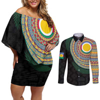 Shefa Tribal Tattoo with Namele Leaves Couples Matching Off Shoulder Short Dress and Long Sleeve Button Shirt