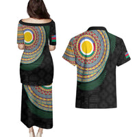 Shefa Tribal Tattoo with Namele Leaves Couples Matching Puletasi and Hawaiian Shirt