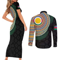 Shefa Tribal Tattoo with Namele Leaves Couples Matching Short Sleeve Bodycon Dress and Long Sleeve Button Shirt