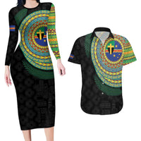 Tafea Tribal Tattoo with Namele Leaves Couples Matching Long Sleeve Bodycon Dress and Hawaiian Shirt
