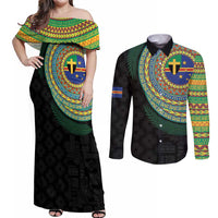 Tafea Tribal Tattoo with Namele Leaves Couples Matching Off Shoulder Maxi Dress and Long Sleeve Button Shirt