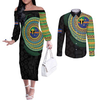 Tafea Tribal Tattoo with Namele Leaves Couples Matching Off The Shoulder Long Sleeve Dress and Long Sleeve Button Shirt