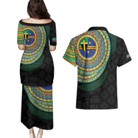 Tafea Tribal Tattoo with Namele Leaves Couples Matching Puletasi and Hawaiian Shirt