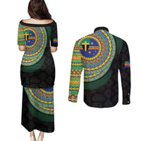Tafea Tribal Tattoo with Namele Leaves Couples Matching Puletasi and Long Sleeve Button Shirt