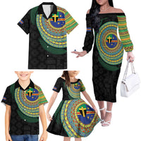 Tafea Tribal Tattoo with Namele Leaves Family Matching Off The Shoulder Long Sleeve Dress and Hawaiian Shirt