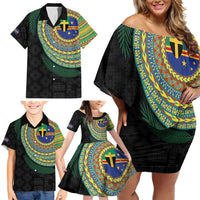 Tafea Tribal Tattoo with Namele Leaves Family Matching Off Shoulder Short Dress and Hawaiian Shirt