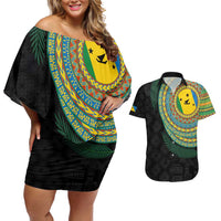 Malampa Tribal Tattoo with Namele Leaves Couples Matching Off Shoulder Short Dress and Hawaiian Shirt