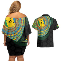 Malampa Tribal Tattoo with Namele Leaves Couples Matching Off Shoulder Short Dress and Hawaiian Shirt