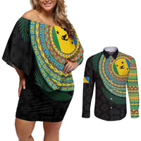 Malampa Tribal Tattoo with Namele Leaves Couples Matching Off Shoulder Short Dress and Long Sleeve Button Shirt