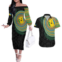 Malampa Tribal Tattoo with Namele Leaves Couples Matching Off The Shoulder Long Sleeve Dress and Hawaiian Shirt