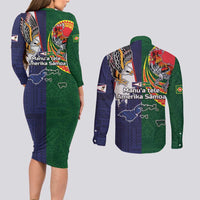 Manuʻa Islands and American Samoa Together Couples Matching Long Sleeve Bodycon Dress and Long Sleeve Button Shirt Rooster and Eagle Mascot National Map and Flag Style