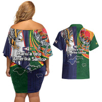 Manuʻa Islands and American Samoa Together Couples Matching Off Shoulder Short Dress and Hawaiian Shirt Rooster and Eagle Mascot National Map and Flag Style