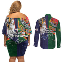 Manuʻa Islands and American Samoa Together Couples Matching Off Shoulder Short Dress and Long Sleeve Button Shirt Rooster and Eagle Mascot National Map and Flag Style