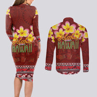 Aloha Plumeria Flowers Couples Matching Long Sleeve Bodycon Dress and Long Sleeve Button Shirt With Hawaiian Style Tapa Tribal
