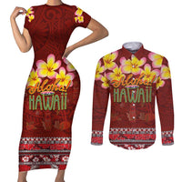 Aloha Plumeria Flowers Couples Matching Short Sleeve Bodycon Dress and Long Sleeve Button Shirt With Hawaiian Style Tapa Tribal