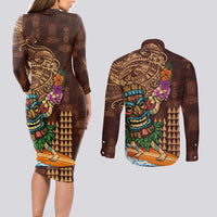 Hawaiian Tiki Mask Surfing Kakau Pattern Couples Matching Long Sleeve Bodycon Dress and Long Sleeve Button Shirt